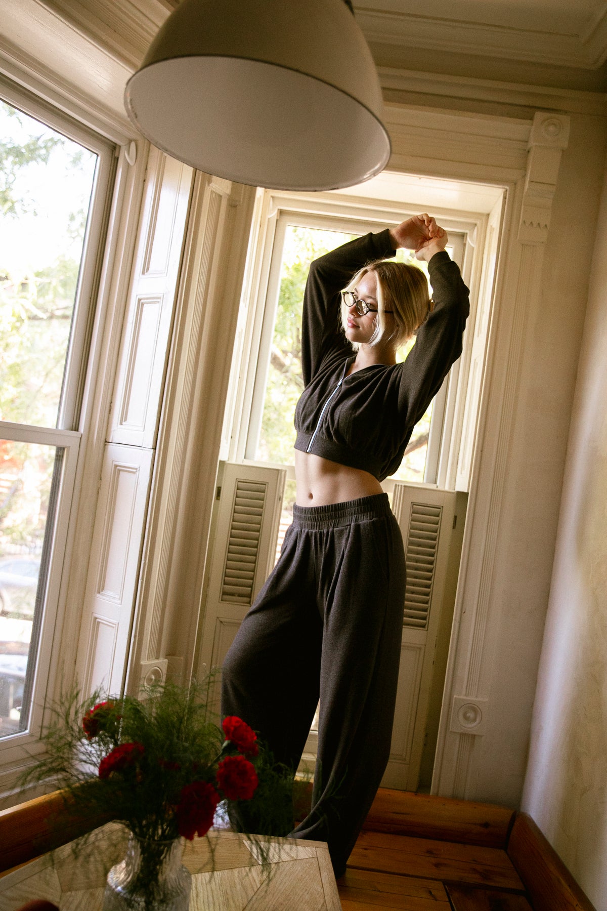 women's loungewear set, wide leg trouser pant, comfy zip-up hoodie