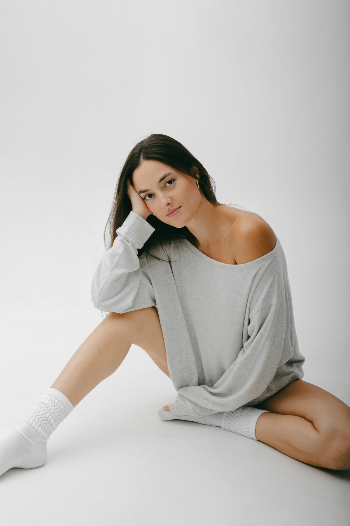 Riley Boatneck long sleeve top in light grey, relaxed fit